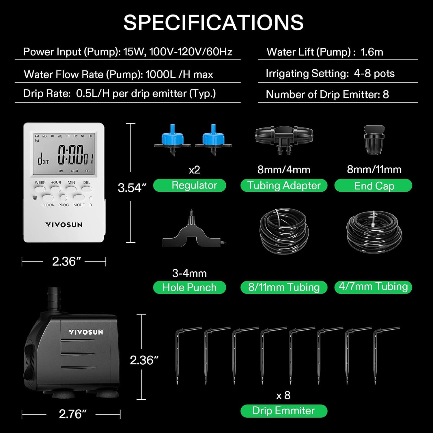 VIVOSUN Professional Automatic Drip Irrigation Kits, 15W Output, All in One Professional Grow Kit- Includes Pump, Timer and Regulator, 8 Pots Garden Plant Watering System, Plant Waterer Indoor Outdoor