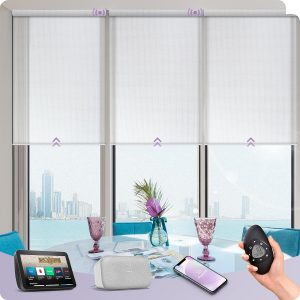 Graywind Motorized Light Filtering Shades Compatible with Alexa Google Rechargeable Remote Control Smart Blinds Automatic Window Shade with Valance for Home Office, Custom Size (Metallic Shell White)