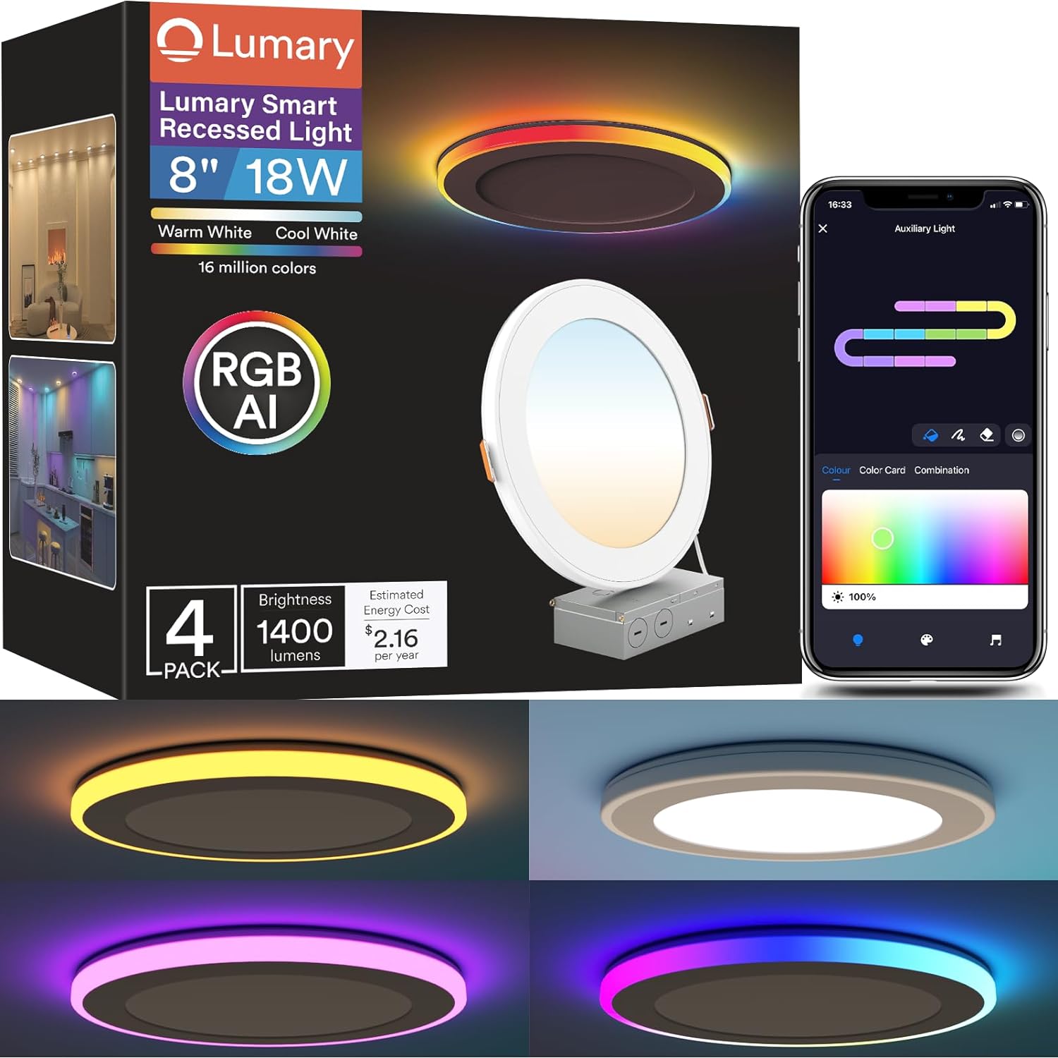 Lumary RGBAI Smart Recessed Lighting 8 Inch with Gradient Accent Light and Night Light 18W 1400lm Wi-Fi LED Recessed Lights Smart Downlight Wafer Light Work with Alexa/Google Assistant/Siri, 4PCS