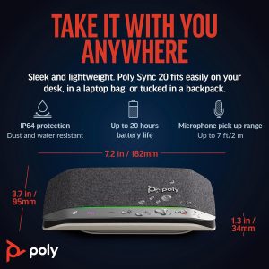 Poly Sync 20 USB-C Personal Portable Smart Speakerphone (Plantronics) – Long Battery Life – Noise/Echo Reduction -Works w/Teams (Certified), Zoom, PC, Mac, Mobile – Amazon Exclusive
