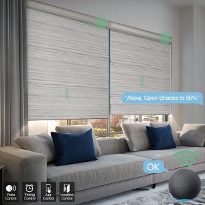 Yoolax Motorized Smart Blind for Window with Remote Control, Automatic Blackout Roller Shade Compatible with Alexa, Kid Safety Rechargeable Battery Solar Blind with Valance (Fabric-Smoky Grey)