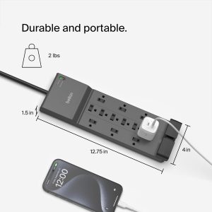 Belkin Power Strip Surge Protector - 12 AC Multiple Outlets & 8 ft Long Flat Plug Heavy Duty Extension Cord for Home, Office, Travel, Computer Desktop, Laptop & Phone Charging Brick (3,940 Joules)