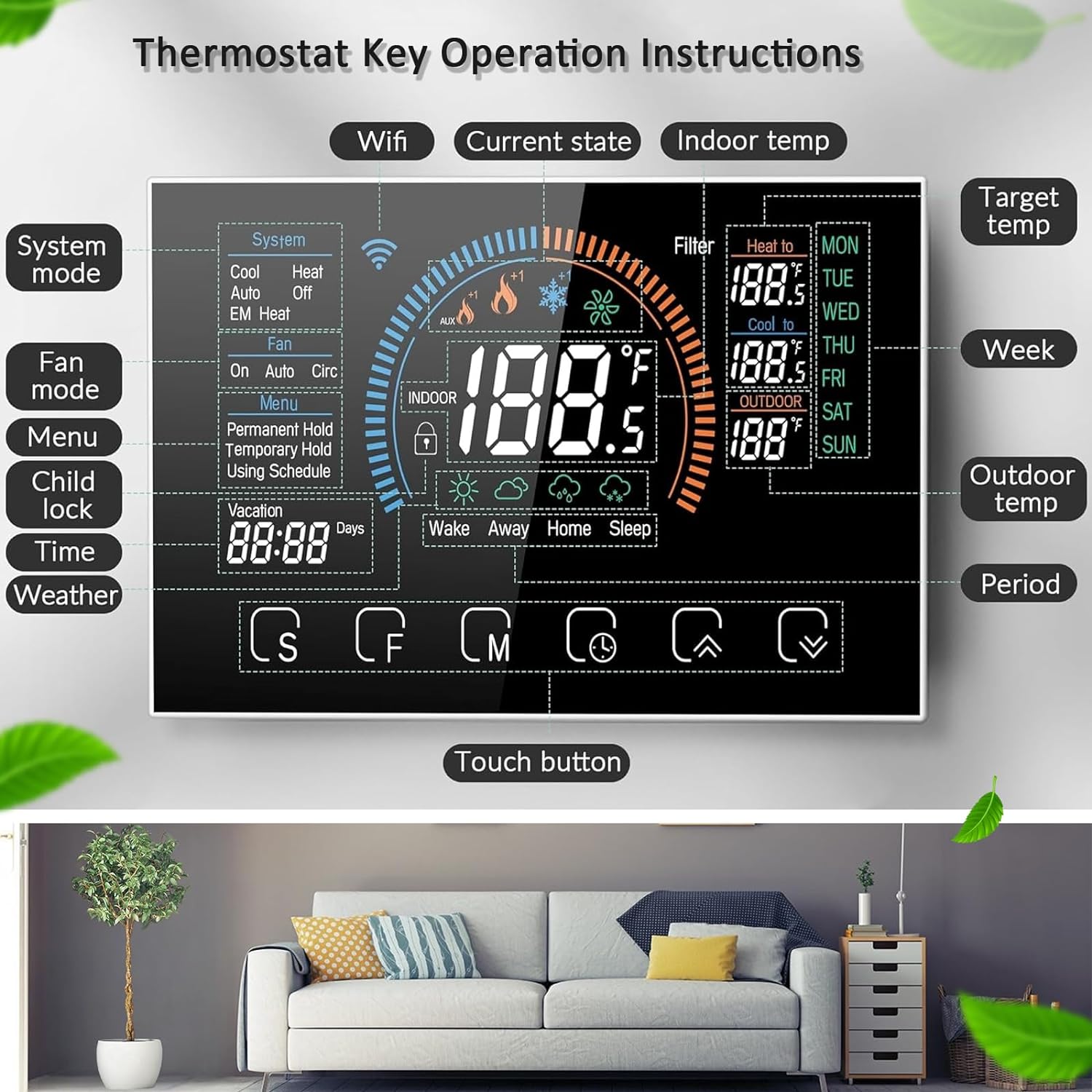 Bestechy Smart Thermostat for Home, WiFi Programmable Digital Thermostat for Air and Ground Energy Heat Pumps, C-Wire Adapter Included, LCD Color Screen, Voice Control, Energy Efficient, Easy DIY