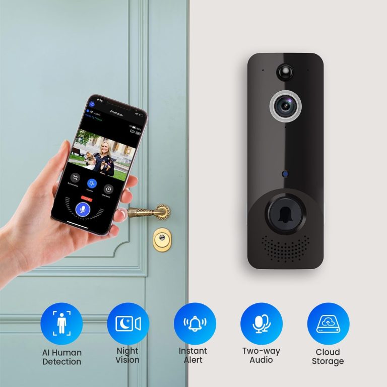 FISHBOT Smart Video Doorbell Camera Outdoor Wireless with Ring Chime, 1080p HD Video, AI Human Detection, Cloud Storage, Night Vision, Battery Powered, Real-Time Alert, Indoor Surveillance