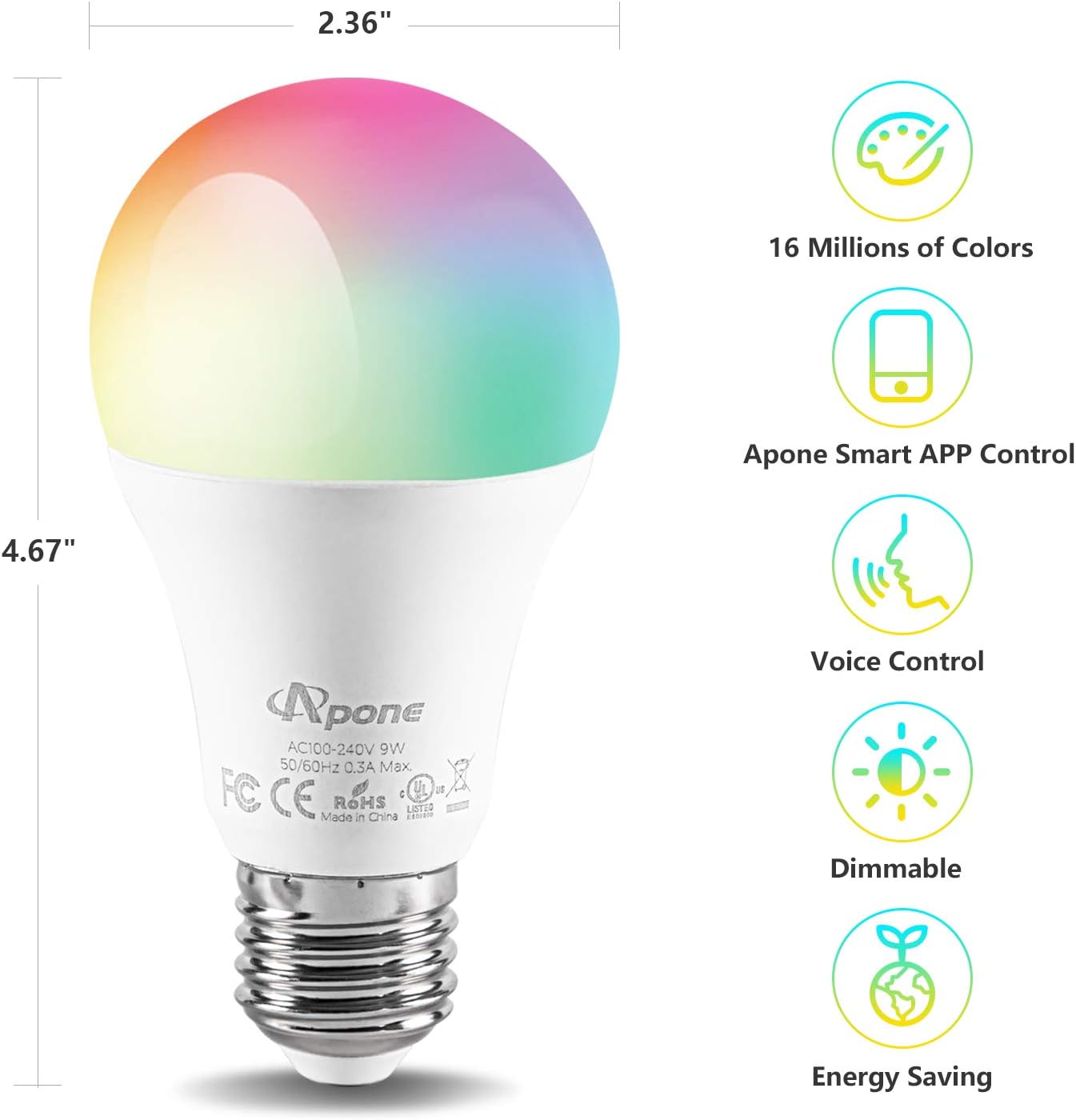 Smart A19 LED Smart, WiFi Light Bulb Compatible with Alexa Google Home, with Over 16 Million Vivid Color, Cool Warm White Dimmable, No Hub Required, 60W Equivalent, RGB+2700K-6500K, 4 Pack