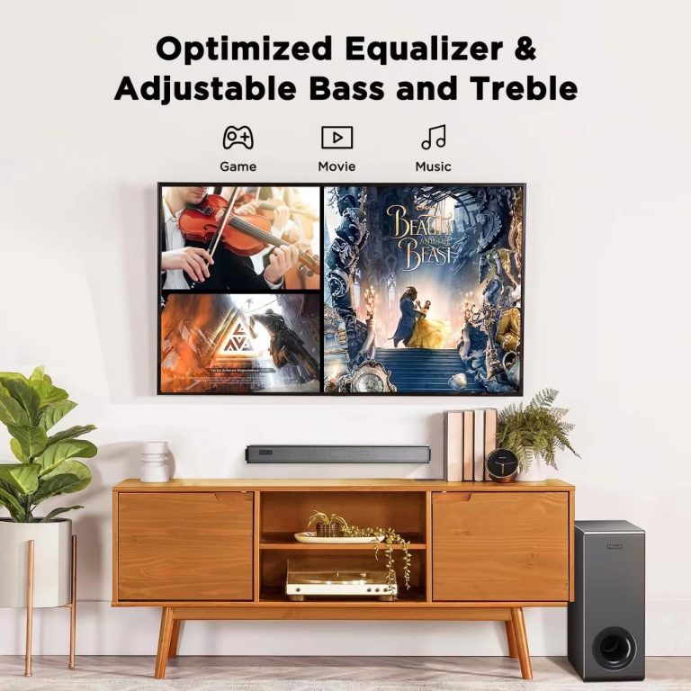 Hiwill 100W 2.1ch Soundbar for Smart TV, Sound Bars for TV with Subwoofer, Deep Adjustable Bass Small Surround Sound System, 2xDSP, HiFi Bluetooth 5.3 Home Audio Sound Bars, HDMI ARC/Opt/AUX/USB