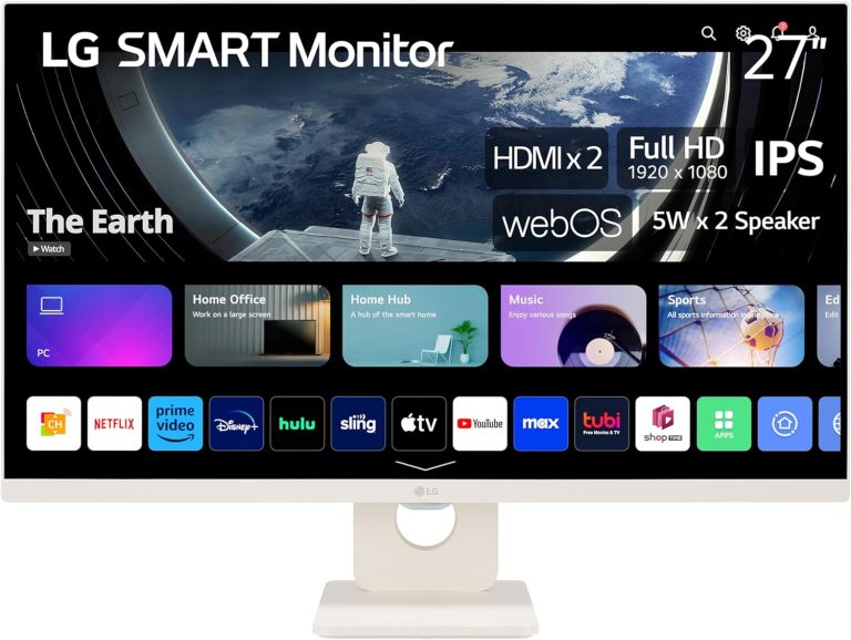 LG 27SR50F 27-inch Smart FHD IPS Monitor, webOS 23, HDR10, Airplay 2, Screen Share, Bluetooth, 5Wx2 Stereo Speaker, Tilt Stand (HDMI, USB Type-A), 2023