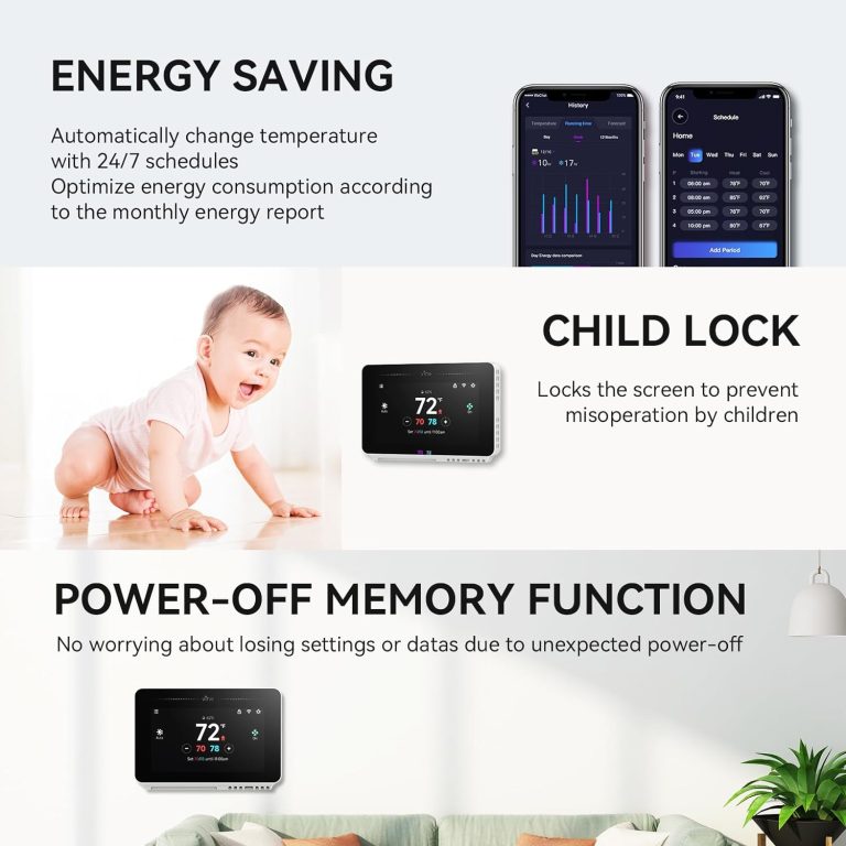 vine Programmable Thermostat for House with 4.3″ Touch Screen, WiFi Smart Home Thermostat for AC and Heating, App/Voice Control, Work with Alexa and Google Assistant, C-Wire Required, TJ-919T
