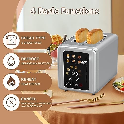 WHALL® Touch Screen Toaster 2 Slice, Stainless Steel Digital Timer Toaster, 6 Bread Types & 6 Shade Settings, Smart Extra Wide Slots Toaster With Bagel, Cancel, Defrost Functions