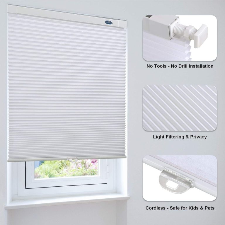 LazBlinds Cordless Cellular Shades, No Tools No Drill Light Filtering Honeycomb Shades Pleated Blinds for Windows, 37” W x 48” H, White