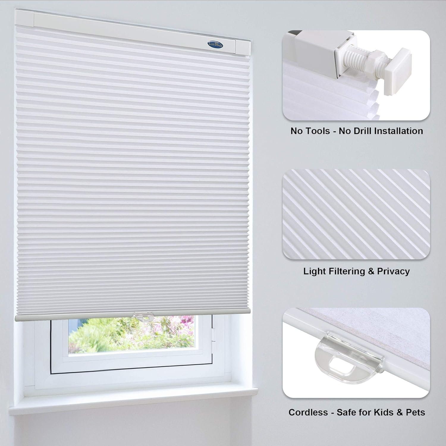 LazBlinds Cordless Cellular Shades, No Tools No Drill Light Filtering Honeycomb Shades Pleated Blinds for Windows, 37” W x 48” H, White