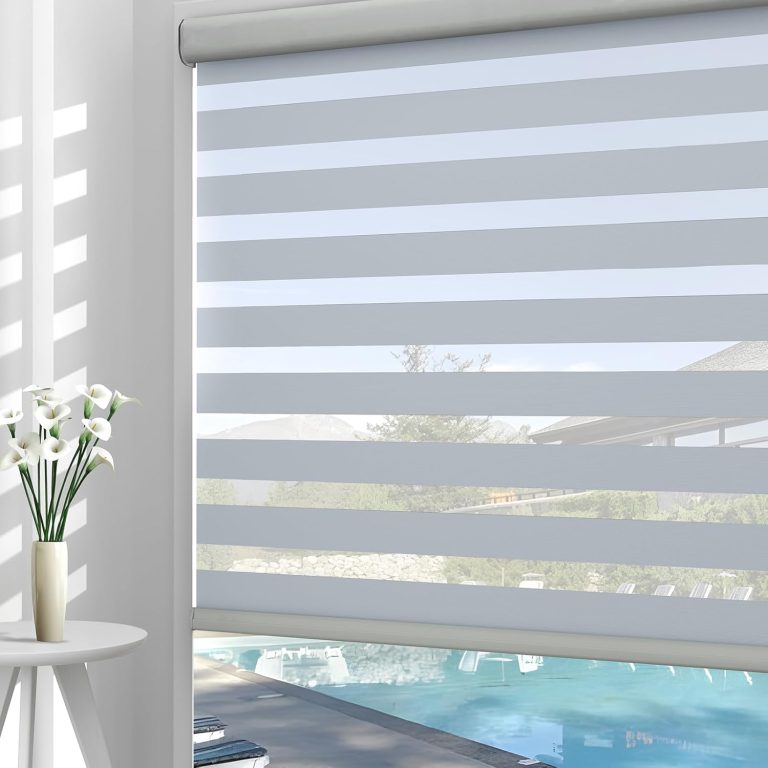 FEBORY Zebra Blinds – Cordless Roller Window Shades, Dual Layer Light Filtering Roller Shades, 23″ W X 72″ H, White, Easy Install Day Night Window Blinds for Home, Office, French Door