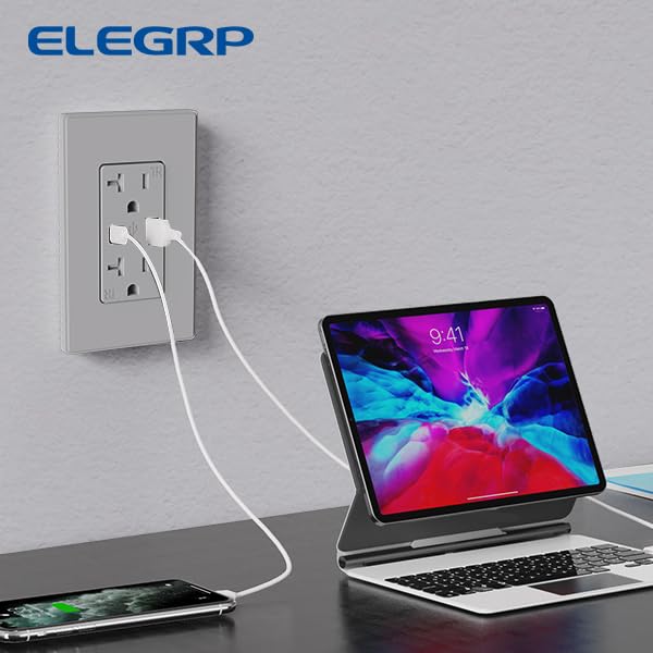 ELEGRP USB Charger Wall Outlet with Type A & Type C USB Ports, 20 Amp Duplex Tamper Resistant Receptacle Plug, Wall Plate Included, UL Listed (10 Pack, Matte White)