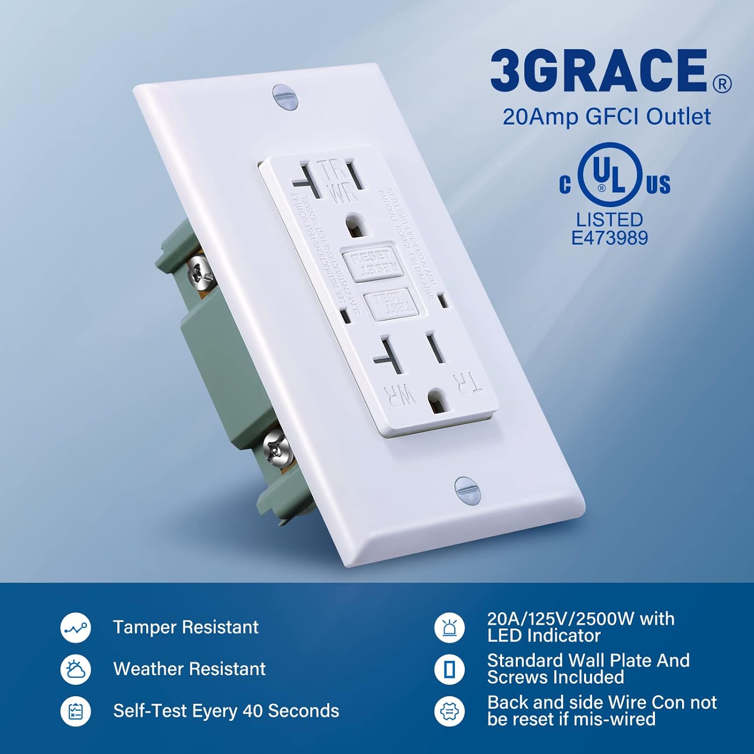 3GRACE 20 Amp GFCI Outlet, Tamper-Resistant, Weather Resistant Receptacle Indoor or Outdoor Use, LED Indicator with Decor Wall Plates and Screws，UL Listed, White (10 Pack)