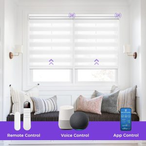 Allesin Motorized Zebra Blinds for Window with Remote, Compatible with Alexa, Smart Dual Layer Shades, Smart Zebra Roller Shades Light Filtering Dry Battery Motor, for Home Office(White, H72 x W31)