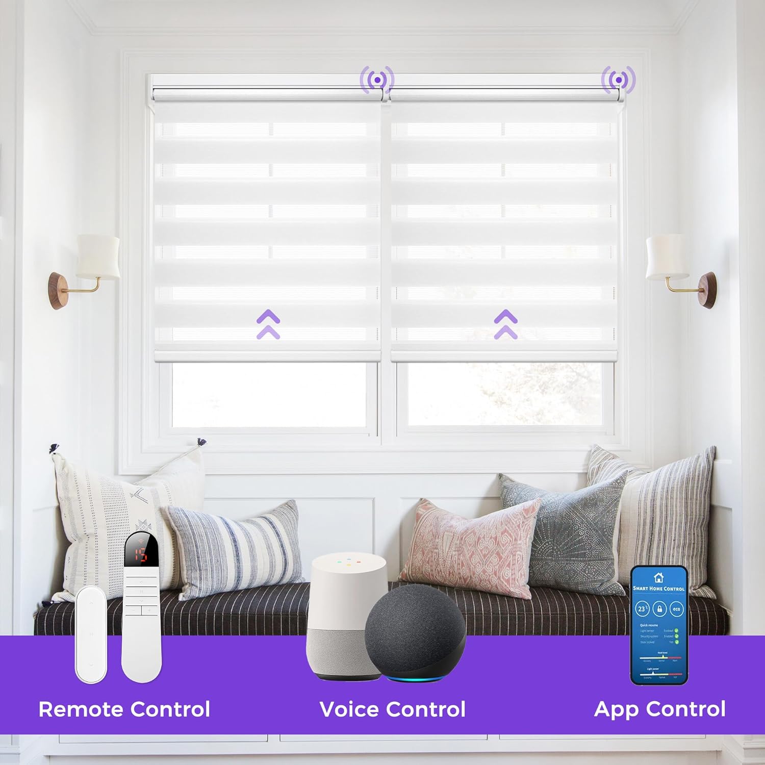 Allesin Motorized Zebra Blinds for Window with Remote, Compatible with Alexa, Smart Dual Layer Shades, Smart Zebra Roller Shades Light Filtering Dry Battery Motor, for Home Office(White, H72 x W31)