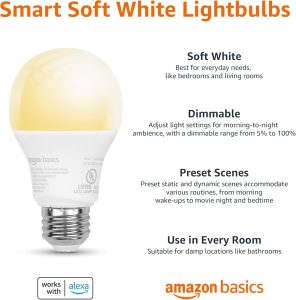 Amazon Basics Smart A19 LED Light Bulb, Dimmable Soft White (2700K), 7.5W (60W Equivalent), 800LM, Works with Alexa Only, 2.4 GHz Wi-Fi, No Hub Required, 1 Pack