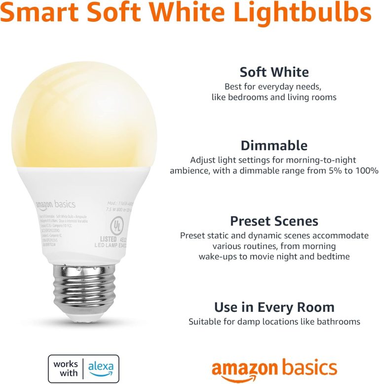 Amazon Basics Smart A19 LED Light Bulb, Dimmable Soft White (2700K), 7.5W (60W Equivalent), 800LM, Works with Alexa Only, 2.4 GHz Wi-Fi, No Hub Required, 1 Pack