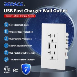 3GRACE USB Wall Outlet, USB Charger Outlets Receptacles with 4.2A USB C Ports, 20 Amp Duplex Tamper Resistant Receptacle Plug with USB Electrical Outlet, Wall Plate Included, ETL Listed，White, 10 Pack