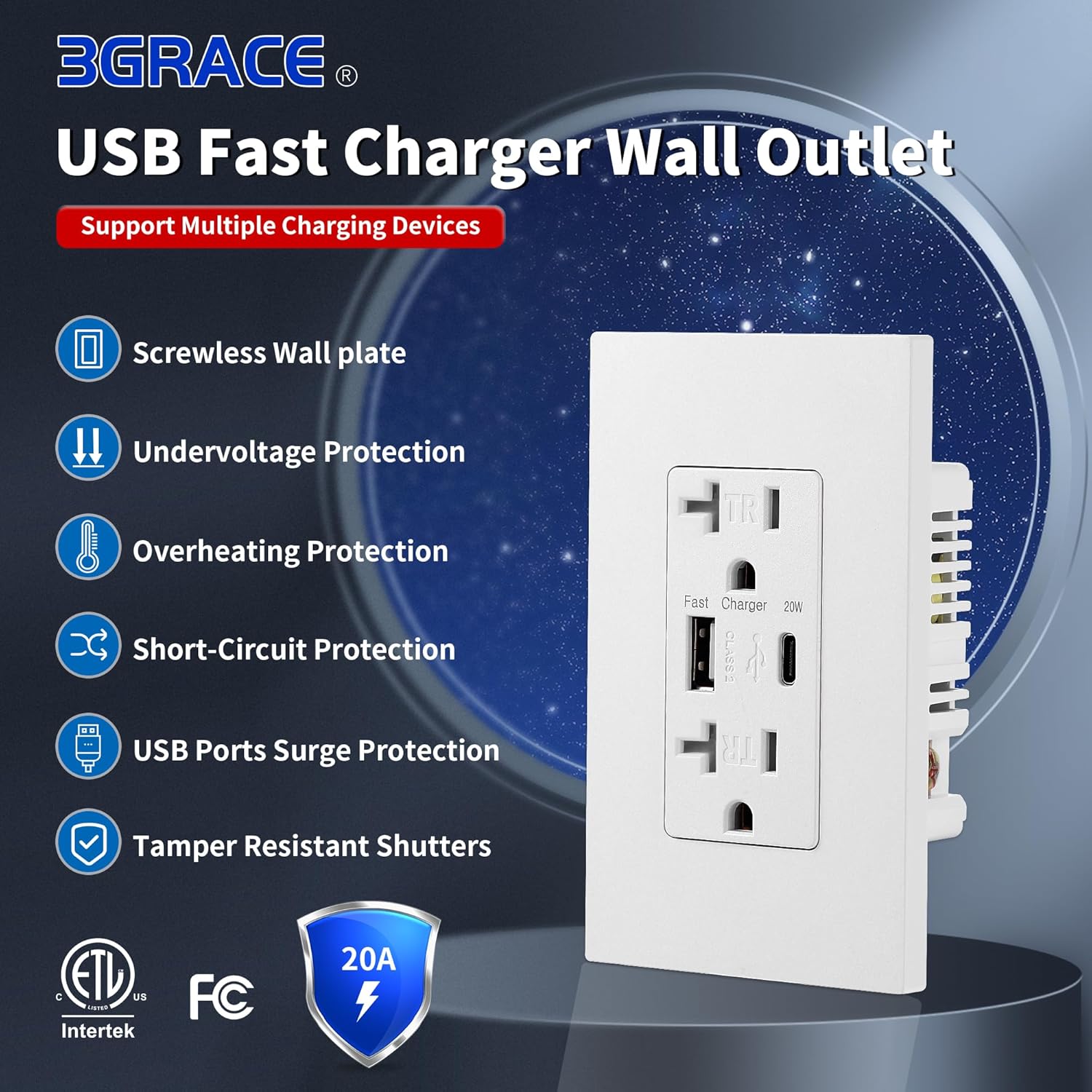 3GRACE USB Wall Outlet, USB Charger Outlets Receptacles with 4.2A USB C Ports, 20 Amp Duplex Tamper Resistant Receptacle Plug with USB Electrical Outlet, Wall Plate Included, ETL Listed，White, 10 Pack