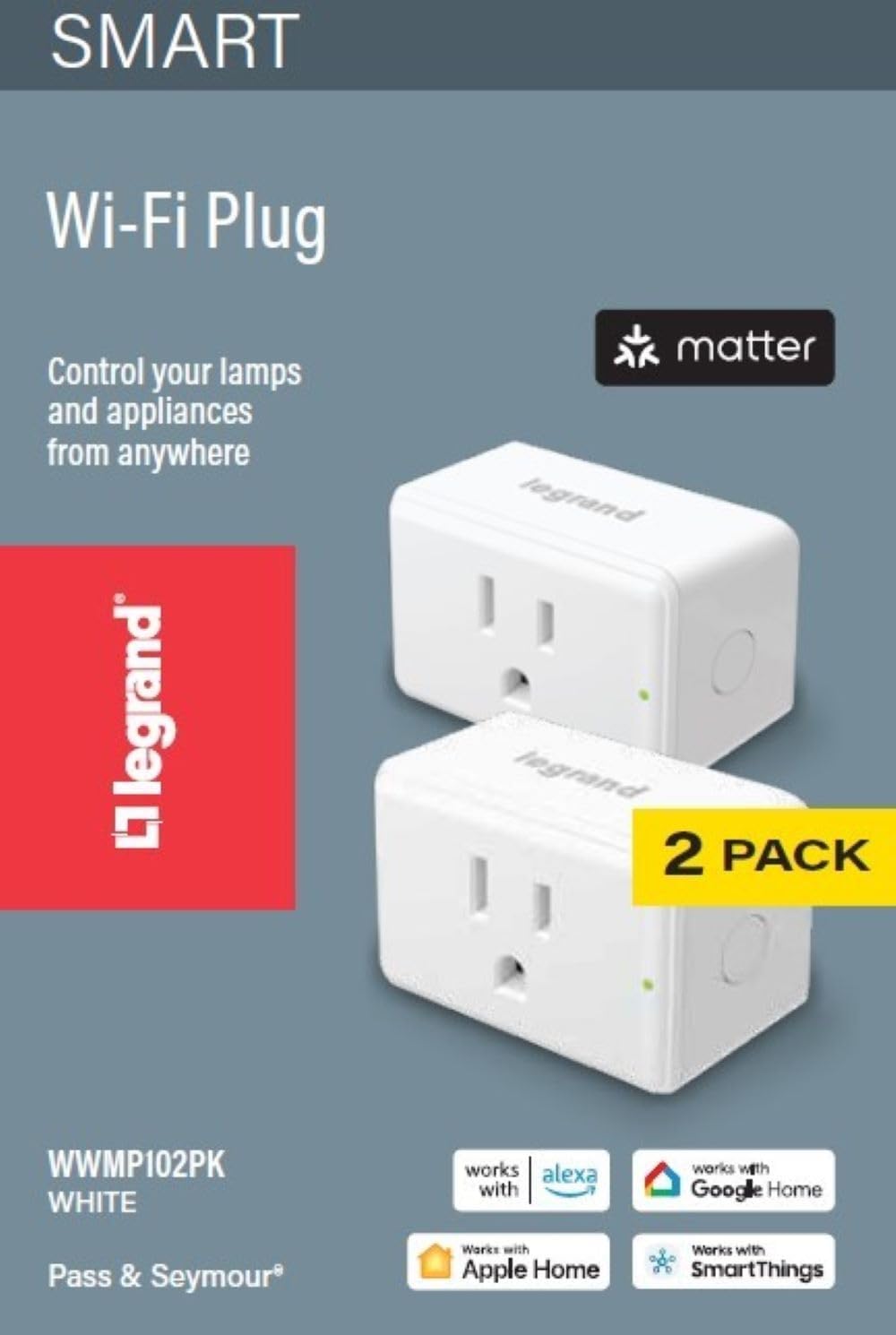 Legrand Radiant® Wi-Fi Matter Smart Plug Matter Hub Required 15A, Easy Setup, Enhanced Compatibility with Apple HomeKit, Google Home, Alexa & SmartThings, Easy Wi-Fi Connectivity w/Matter (1 Pack)
