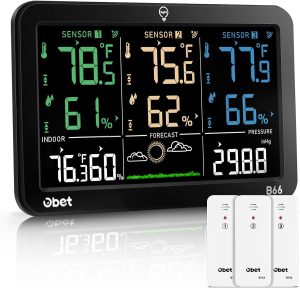 OBET Weather Station Wireless Indoor Outdoor Thermometer with 3 Sensors, Temperature Humidity Monitor with Alerts 500ft Range and 3 Adjustable Brightness