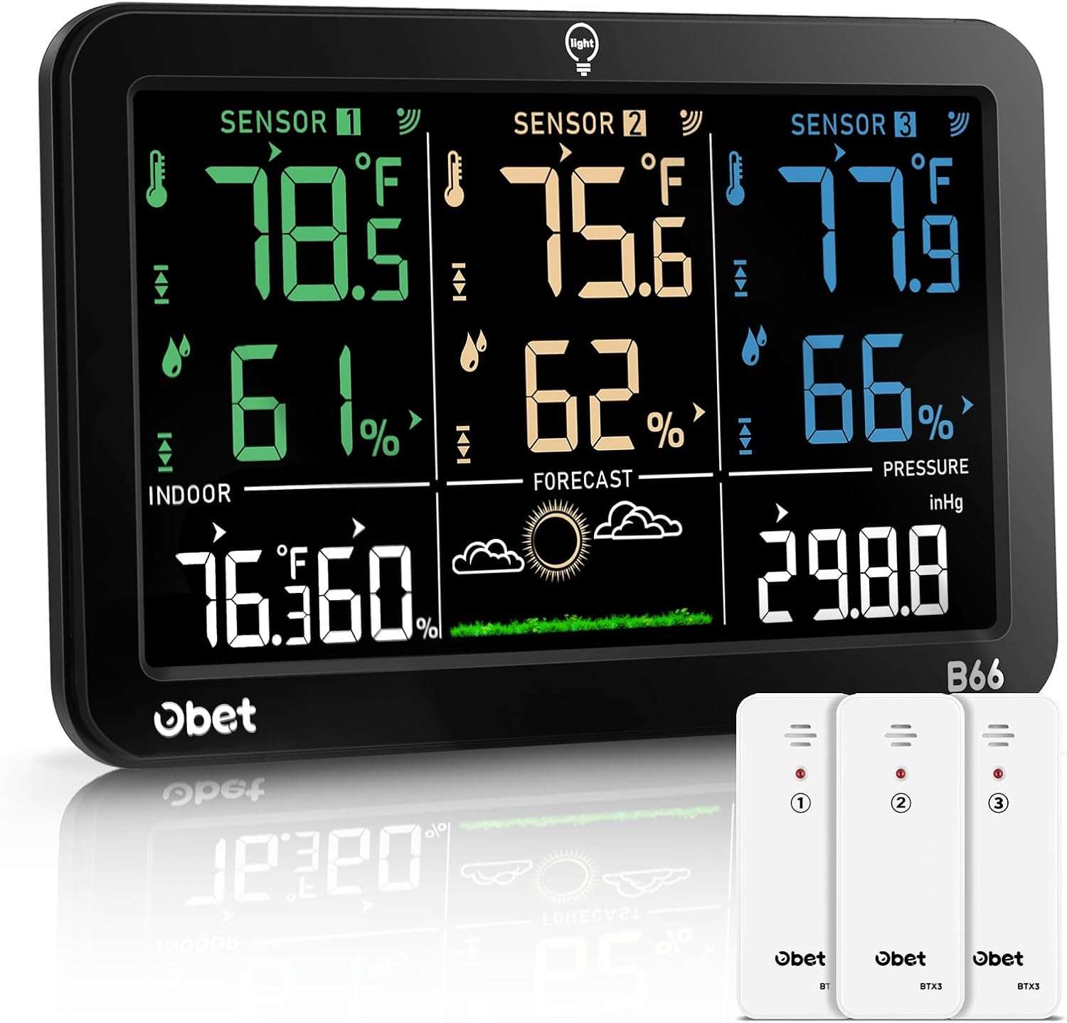OBET Weather Station Wireless Indoor Outdoor Thermometer with 3 Sensors, Temperature Humidity Monitor with Alerts 500ft Range and 3 Adjustable Brightness