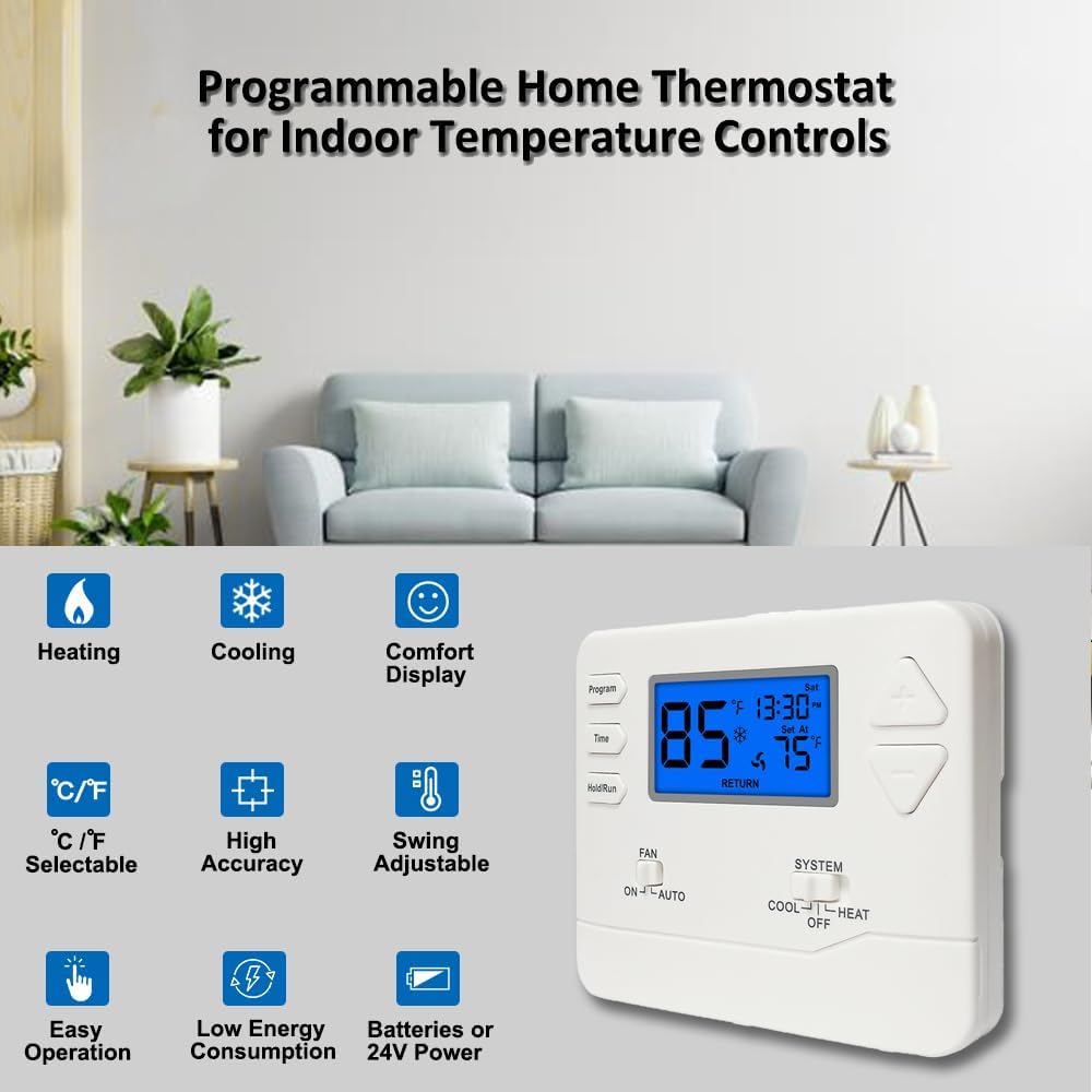 Programmable Thermostat for House, 5-1-1 Day Programmable Digital Energy-Saving Thermostat，Multi-Stage, 2 Heat/2 Cool, Advanced Thermostat for Enhanced Home HVAC Systems，Blue Backlight