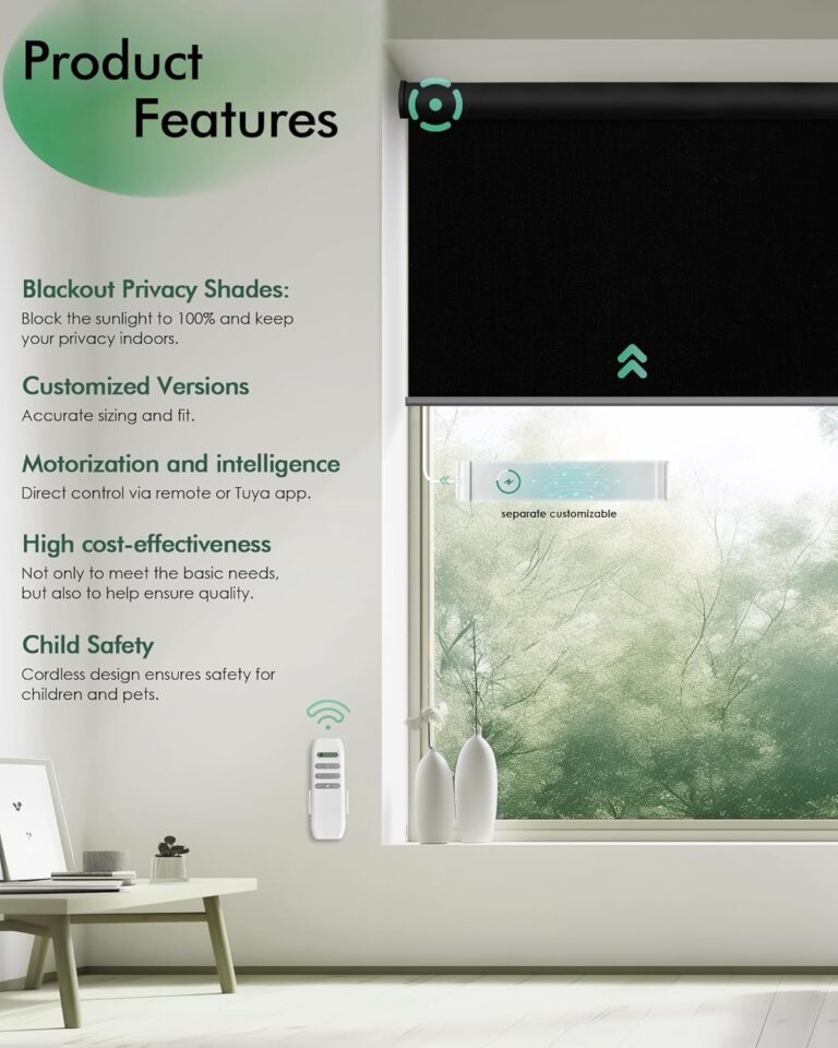 Yoolax Motorized Blinds, Blackout Motorized Roller Shades for Indoor Windows, Cordless Automatic Shades Roller Window Blinds App Control for Bedroom Living Room Office (Alpine White, 34″ W x 72″ H)