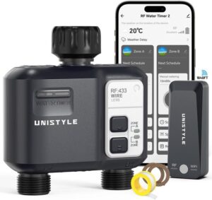 [2026 Upgrade] 1640FT Smart WiFi Sprinkler Timer 3 Zone, Alexa & Google Voice Compatible, Unistyle RF Wireless App Control, Outdoor Sprinklers Timer with Auto & Manual Modes for Garden Lawn Irrigation