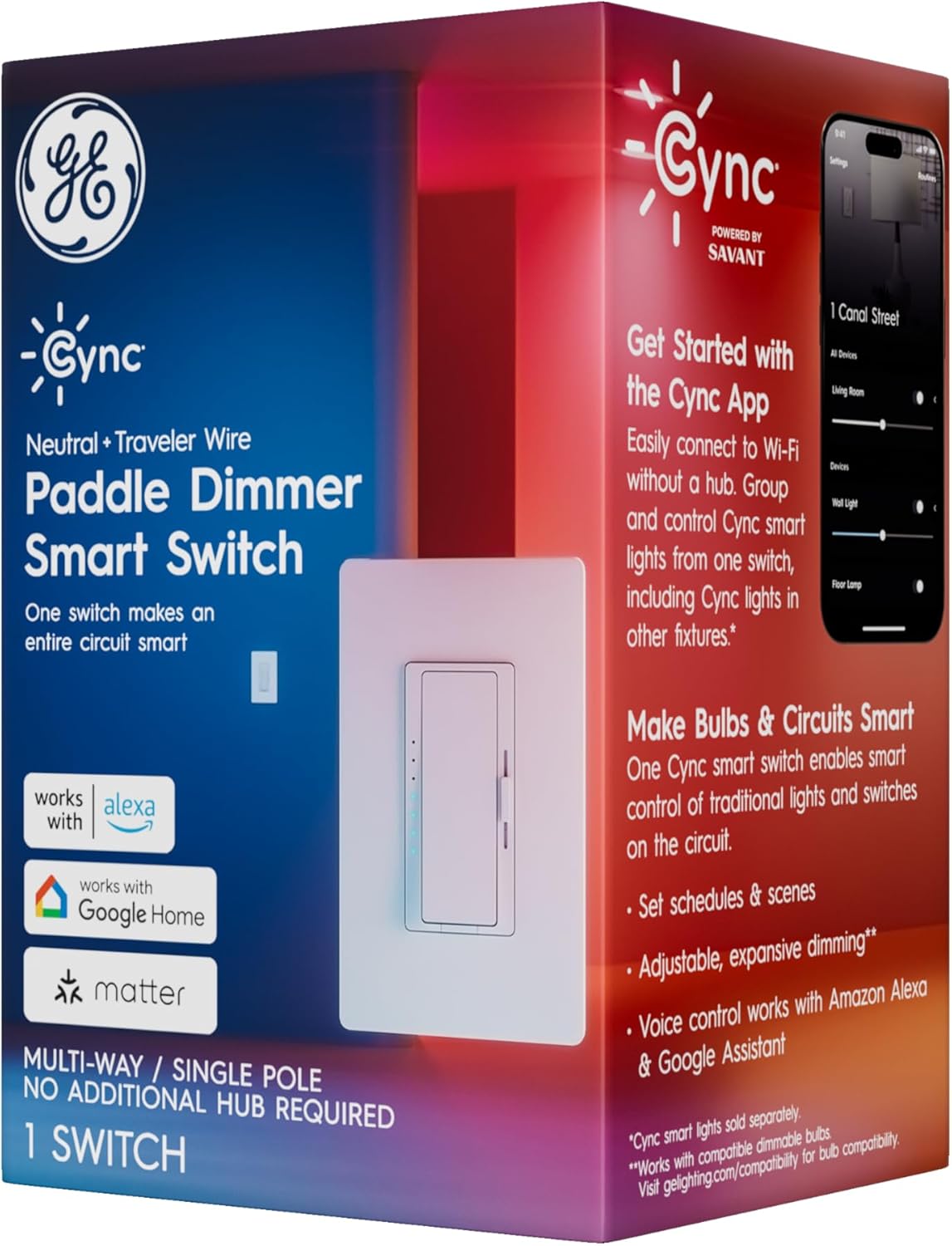 GE Cync Paddle Dimmer Smart Switch, Highly Customizable Dimmer Switch, Works with Alexa and Google Home, Matter Compatible, Easy to Install Smart Light Switch (1 Pack)