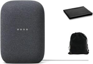 Google Audio Bluetooth Speaker – Wireless Music Streaming, Powerful Sound, Assistant Built-in, Wi-Fi and Bluetooth Connectivity, Smart Home Control, Stereo Pairing, Includes Pouch and Cloth
