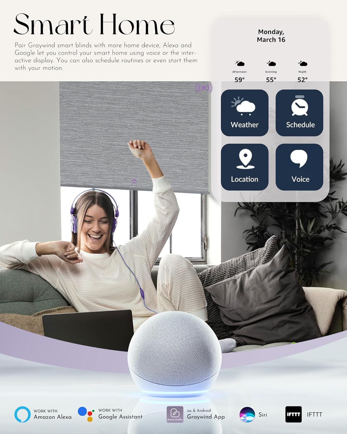 Graywind Motorized Roller Shade Compatible with Alexa Google 100% Blackout Rechargeable Smart Blinds Remote Control Battery Motor Cordless Window Shades, Customized Size (Pure White)