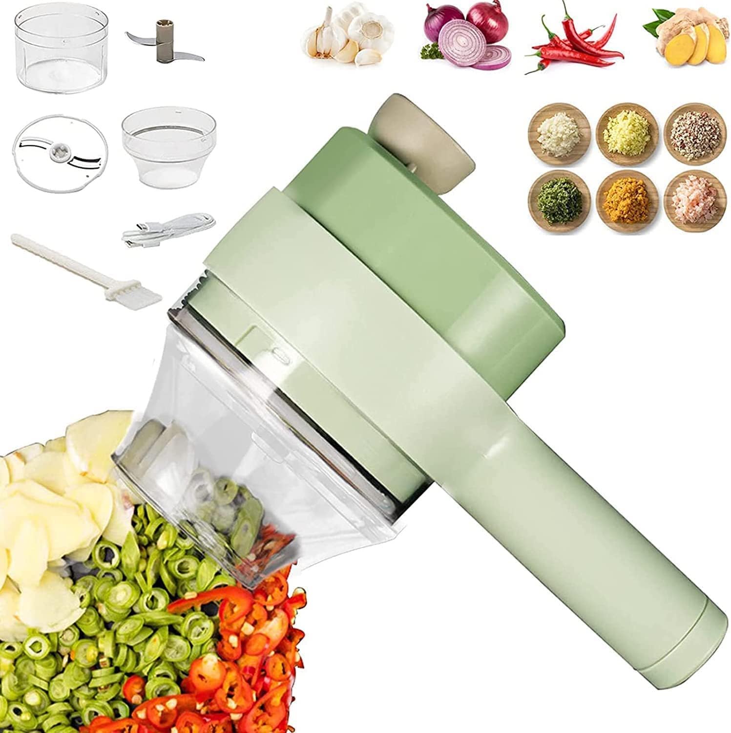 Kitchen Goods Electric Vegetable Cutter Set – 4 in 1 Portable, Rechargeable, Wireless Food Processor & Chopper Machine for Pepper, Garlic, Onion, Celery & Meat