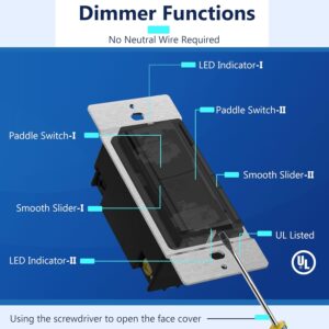LIDER Dual Rocker Light Switch and Slide LED Dimmer, Combination Light Switch and Dimmer, 1-Pole, No Neutral Required, UL-Listed, Wall Plate Included, Black