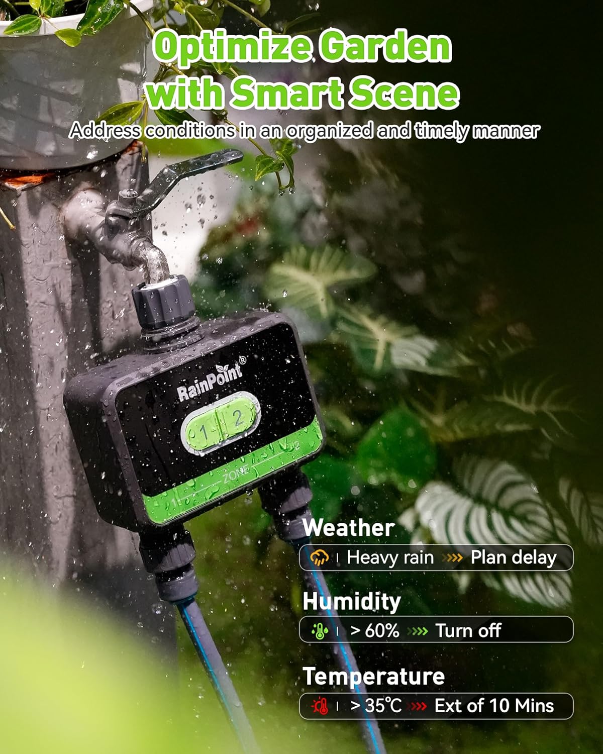 RainPoint WiFi Water Timer for Garden Hose with Brass Inlet, 2-Zone Smart Hose Timer, WiFi Irrigation Controller, Automatic Sprinkler Watering System for Lawns and Yard