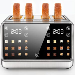 4 Slice Toaster– Dual Digital Smart TouchScreen & Independent Control Panel | Single-Slot Tech, Timer/Reheat/Defrost for Bagels, Bread | 1800W Stainless Steel, 6 Toast Types & Shade Settings