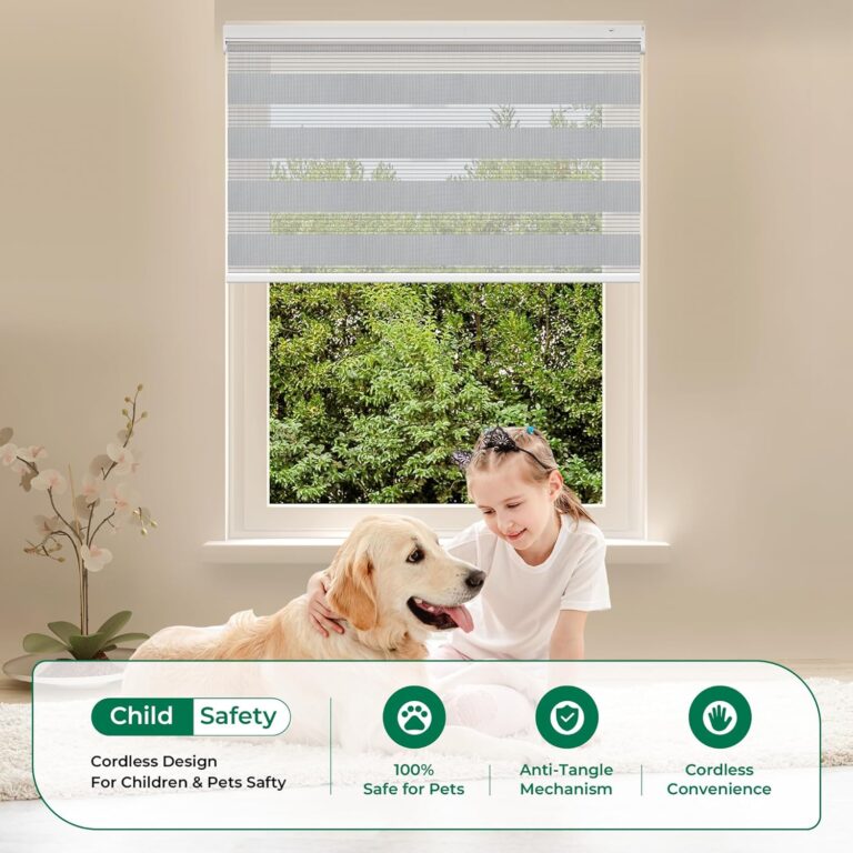 Allesin Motorized Zebra Blinds for Windows – Remote Controlled, Alexa – Compatible Smart Dual – Layer Shades with Dry Battery Motor & Light Filtering (White H72 x W27)