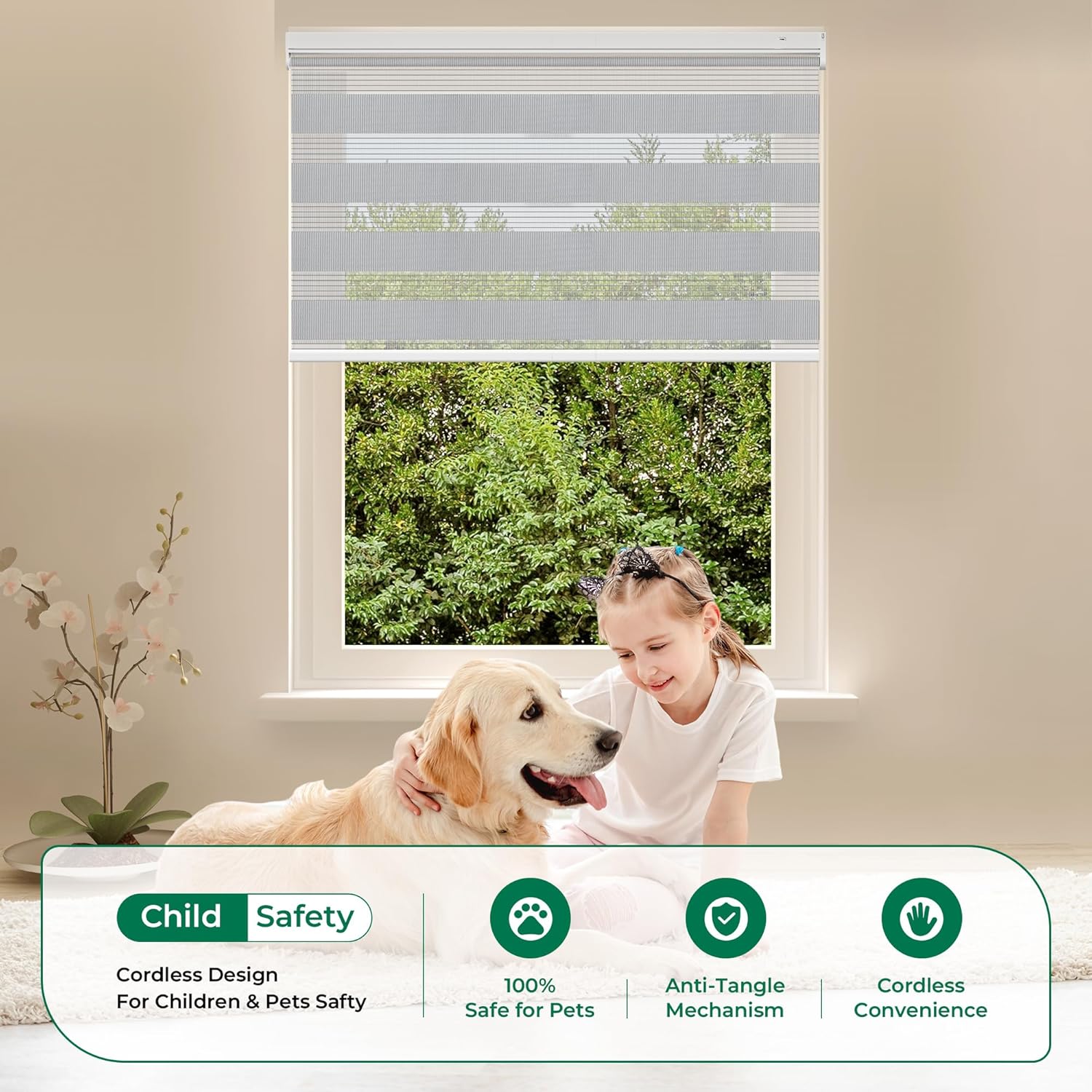 Allesin Motorized Zebra Blinds for Windows – Remote Controlled, Alexa – Compatible Smart Dual – Layer Shades with Dry Battery Motor & Light Filtering (White H72 x W27)