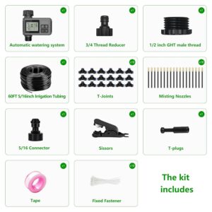 HEKIWAY 60FT Drip Irrigation System with Water Timer – Automatic Garden Watering Kit with 360° Bendable Hose & Adjustable Nozzles, Smart Irrigation System for Greenhouse, Lawn, Yard & Plants