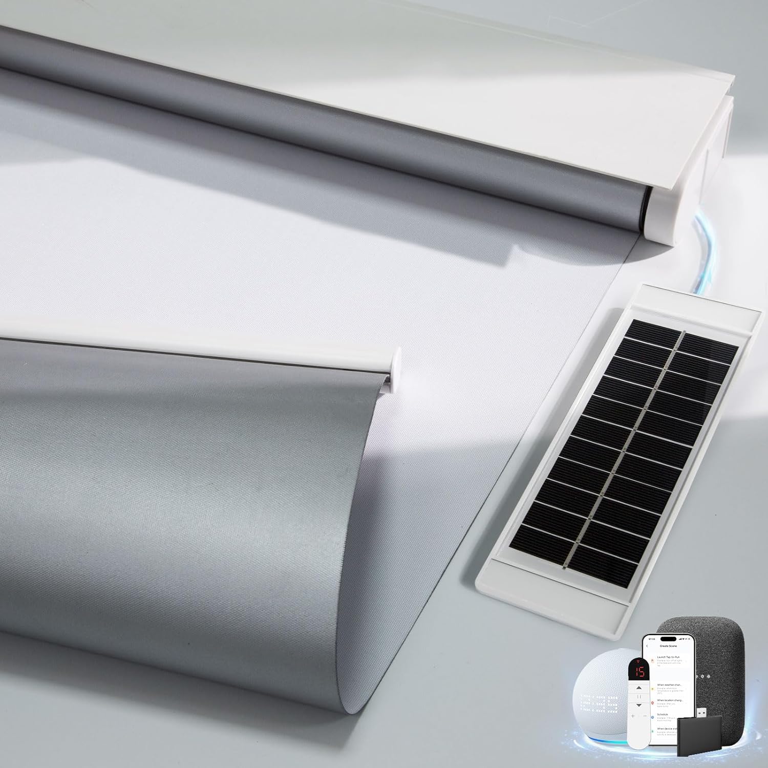 Motorized Blinds with Remote, Smart Blinds with Solar Panel, Thermal Blackout Electric Blinds, Automatic Blinds for Windows Compatible with Alexa, White-34 x72
