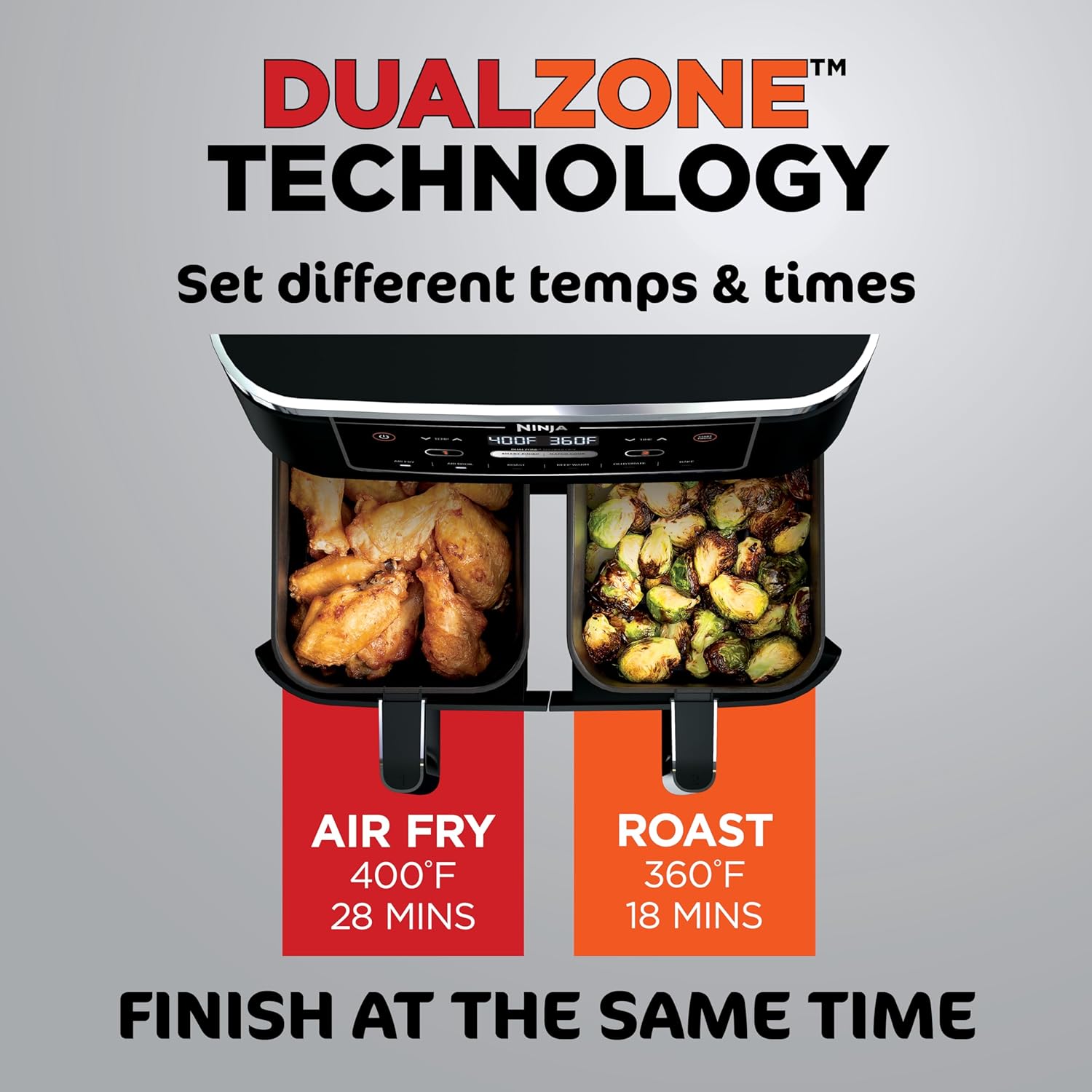 Ninja Foodi 10QT 6-in-1 DualZone Smart XL Air Fryer, 2 Independent 5QT Baskets, Smart Cook Thermometer, Match Cook, Smart Finish, Air Fry, Roast, Bake, Dehydrate, Reheat, Grey, DZ550