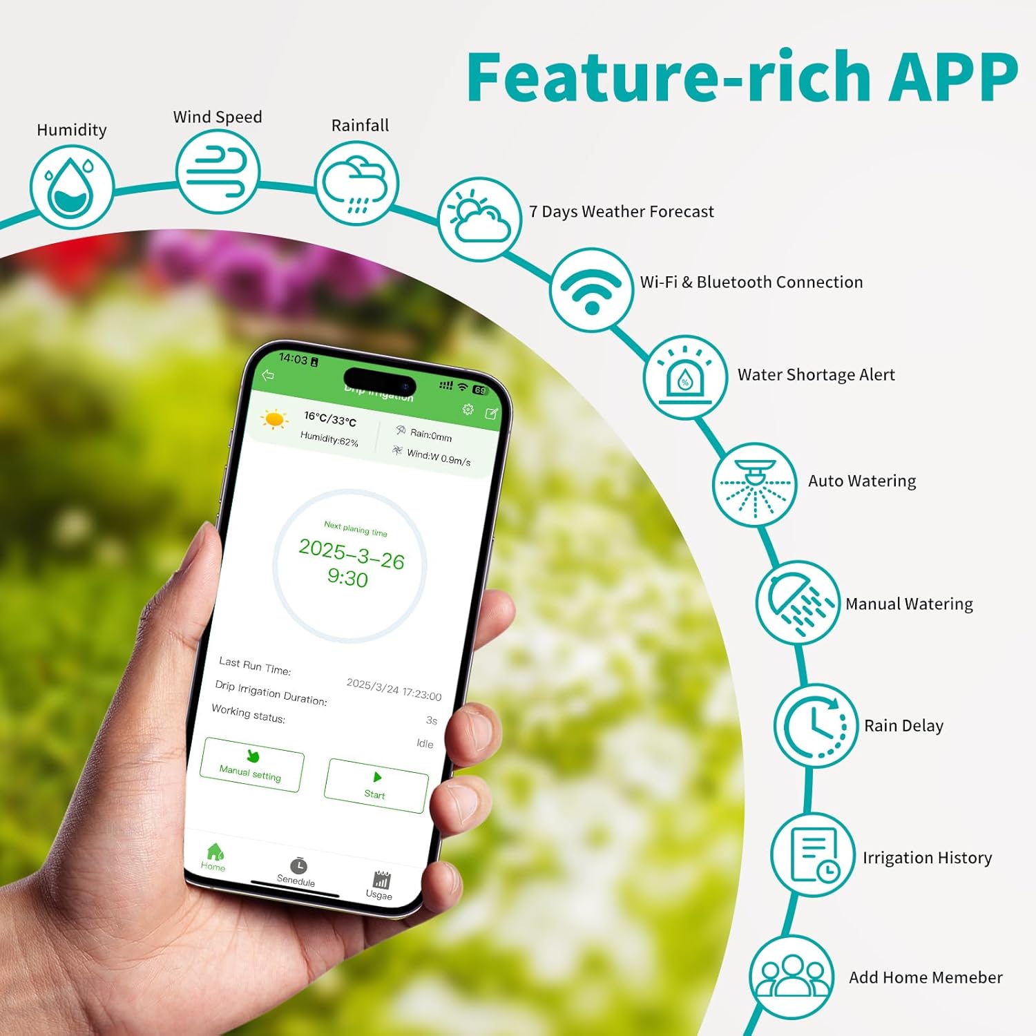 Drip Irrigation Kit System for Garden, WiFi & App Control Self Plant Watering Devices for Indoor Outdoor, Automatic Watering System with 3 Watering Modes/Water Shortage Alert/Weather Forecasting
