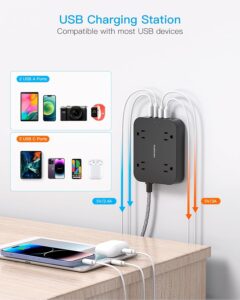 Flat Plug Extension Cord, HANYCONY 5ft Power Strip with 4 USB Ports(2 USB C), 4 Widely Outlets Extender, Wall Mount, Desk Charging Station for Office School Travel Dorm Room Essentials, ETL Listed