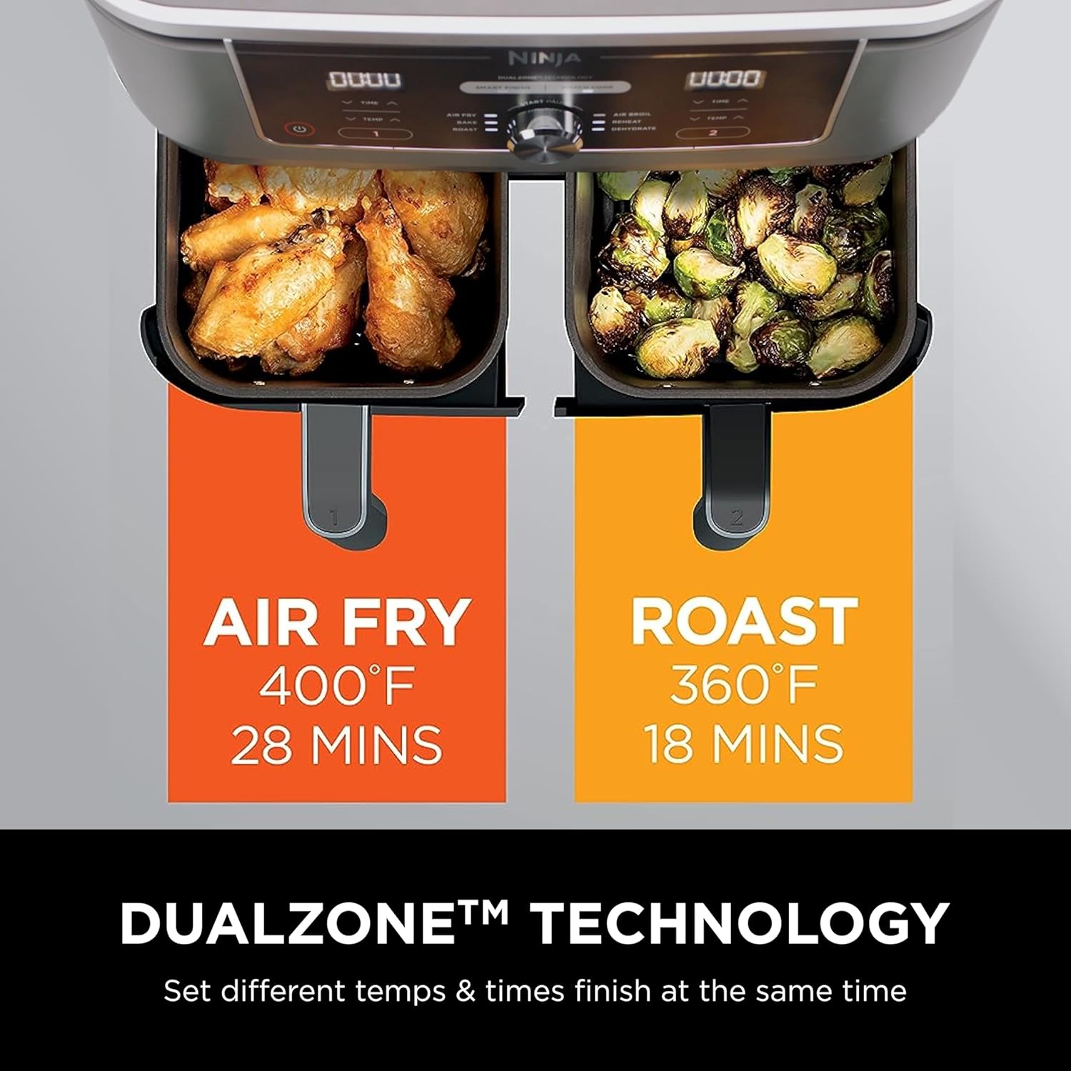Ninja DZ201 Foodi 8 Quart 6-in-1 DualZone 2-Basket Air Fryer with 2 Independent Frying Baskets, Match Cook & Smart Finish to Roast, Broil, Dehydrate & More for Quick, Easy Meals, Grey