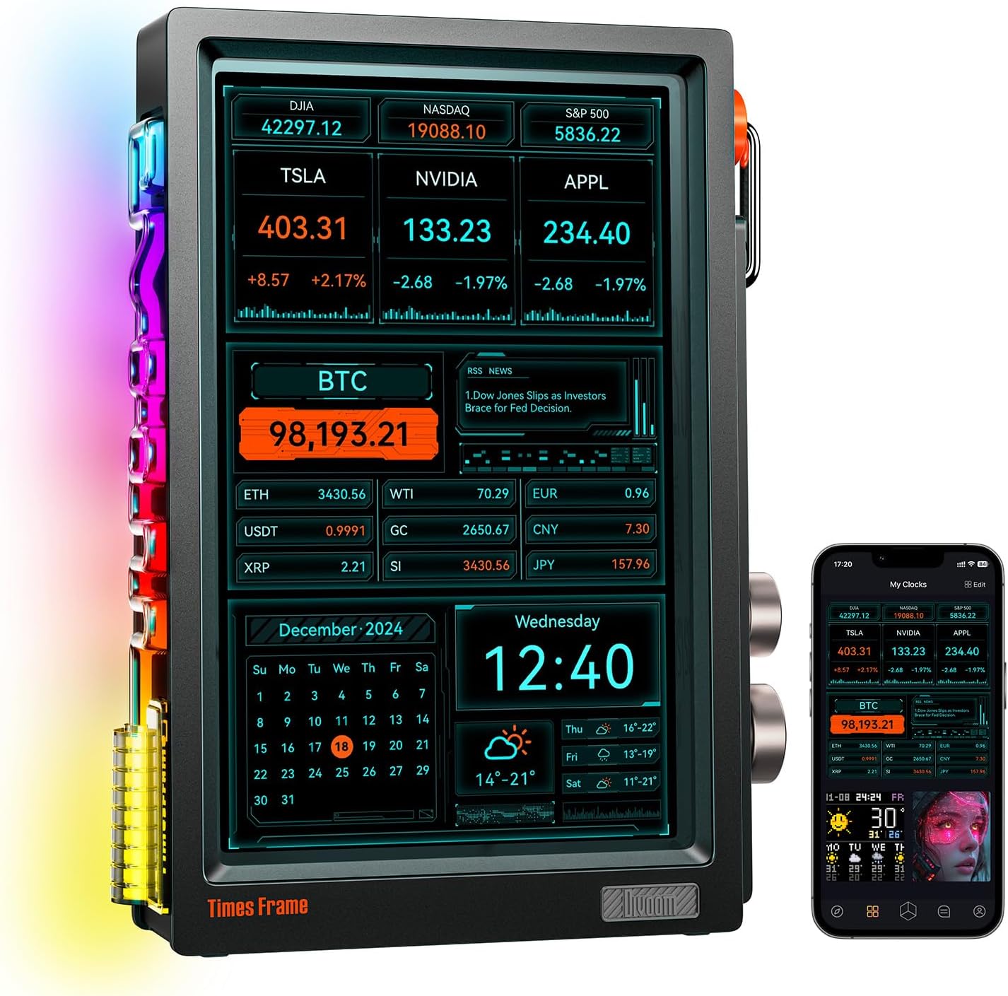 Divoom Times Frame-10.1″ Digital Picture Frame Transparent IPS Smart Linux OS with RGBLED Rotary Knob WiFi 64GB 400+Clock Faces Widget 50+API Feeds Gift Mode Pixel Art Community Personalized Display
