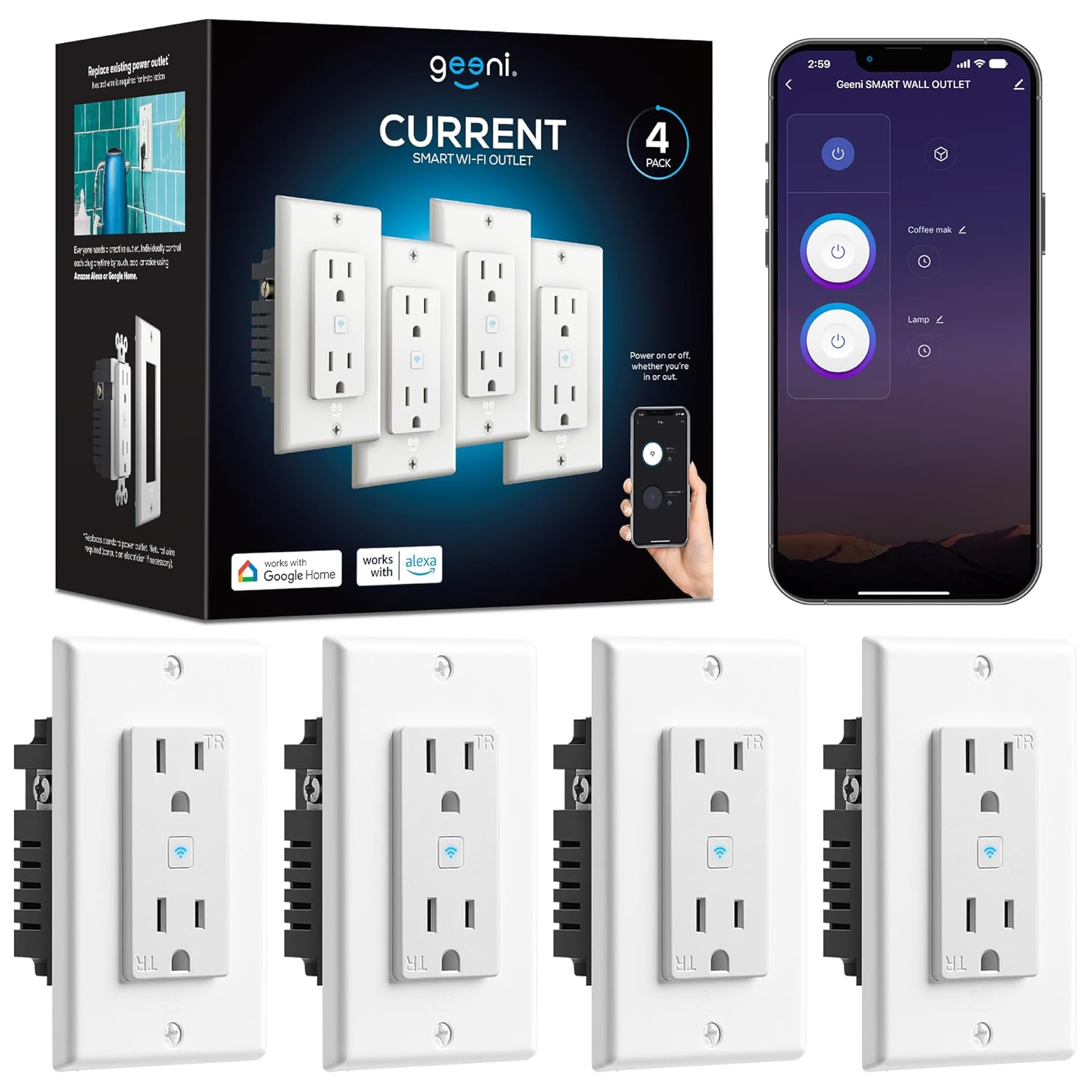 Geeni Smart WiFi in-Wall Outlet, White, 4 Pack 2 Outlets – No Hub Required – Smart Outlet Compatible with Alexa, Google Home, Requires 2.4 GHz WiFi