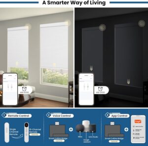 Smart Motorized Blinds with Remote, No Drill Cordless Roller Shades, Equip Solar Panels, 100% Blackout, Compatible with Alexa, Google, Smart Blinds White 27 x 72