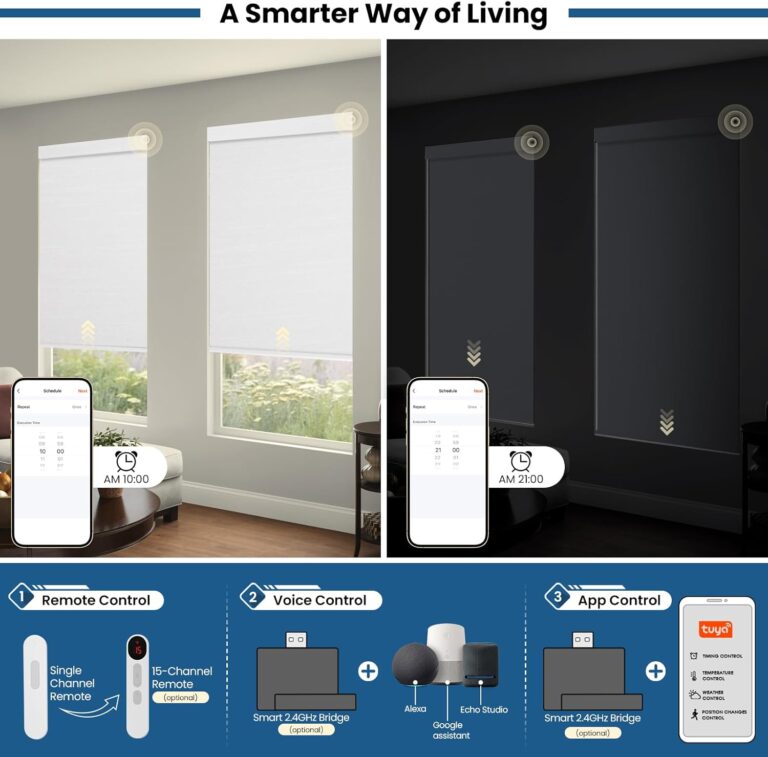 Smart Motorized Blinds with Remote, No Drill Cordless Roller Shades, Equip Solar Panels, 100% Blackout, Compatible with Alexa, Google, Smart Blinds White 27 x 72