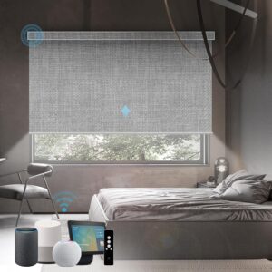SmartWings Motorized Roller Shades Work with Matter Thread Homekit Z-Wave Alexa Google, 100% Blackout Smart Blinds for Windows, Cordless Remote Control Window Shades, Customized Size, Fabric Sample